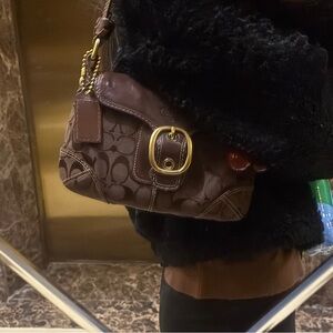 Coach Brown Signature Canvas Shoulder Bag with Gold Buckle